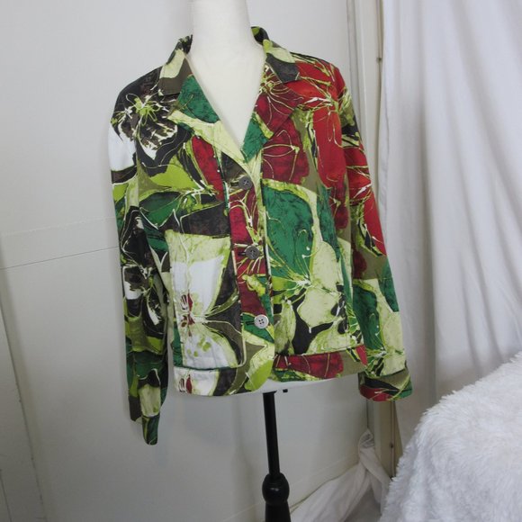 Chico's Holiday Floral Shirt Jacket Christmas Red Green Blazer Size 2 Large - Picture 10 of 11
